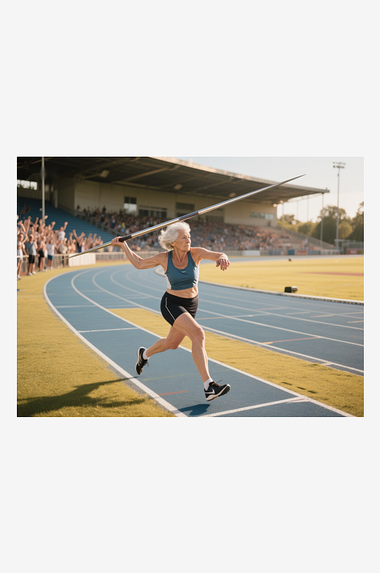 老年女性田径场标枪投掷-众图网