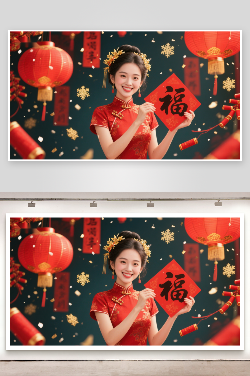 女子身着红色旗袍手持福字庆祝节日素材