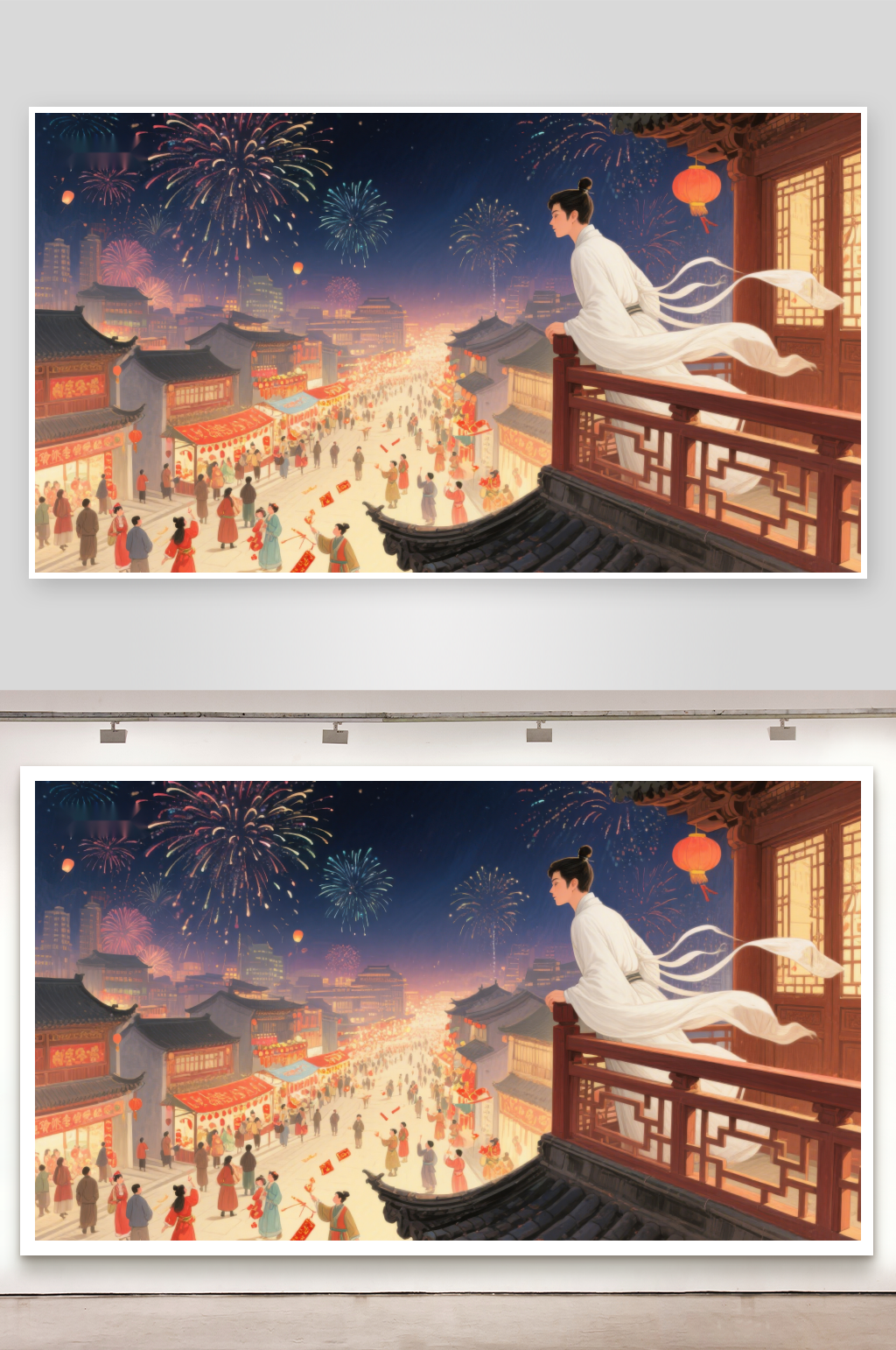 古风夜市烟火女子凭栏远眺素材