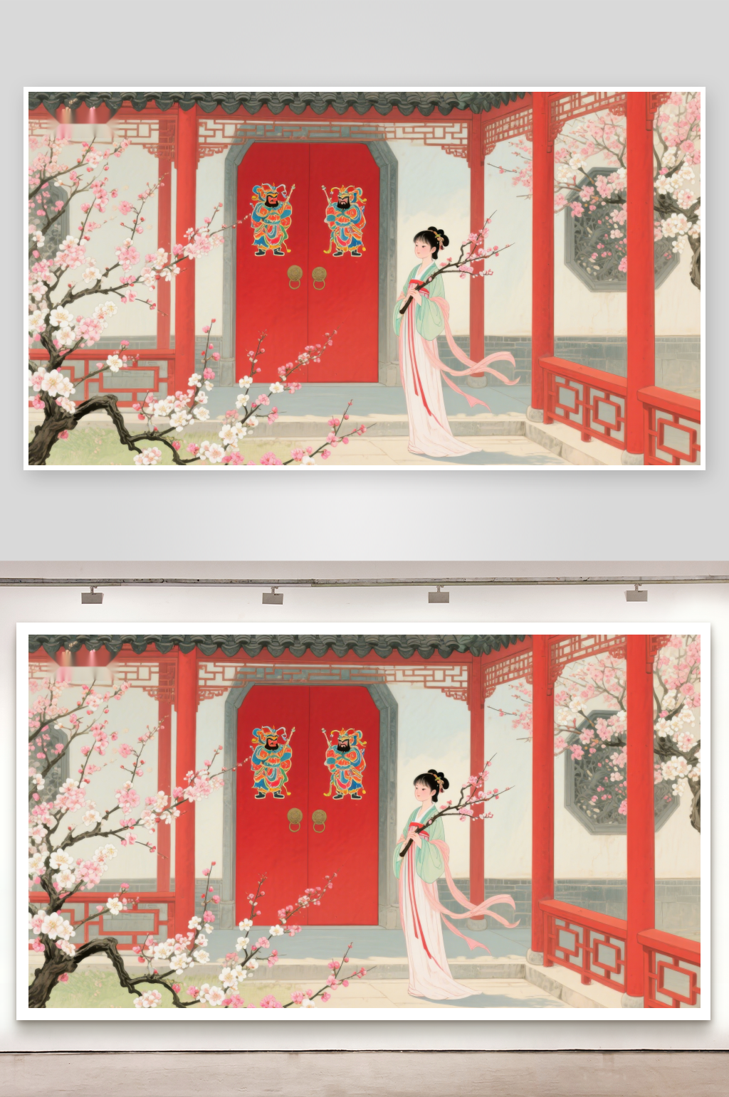 古典女子庭院赏花图素材