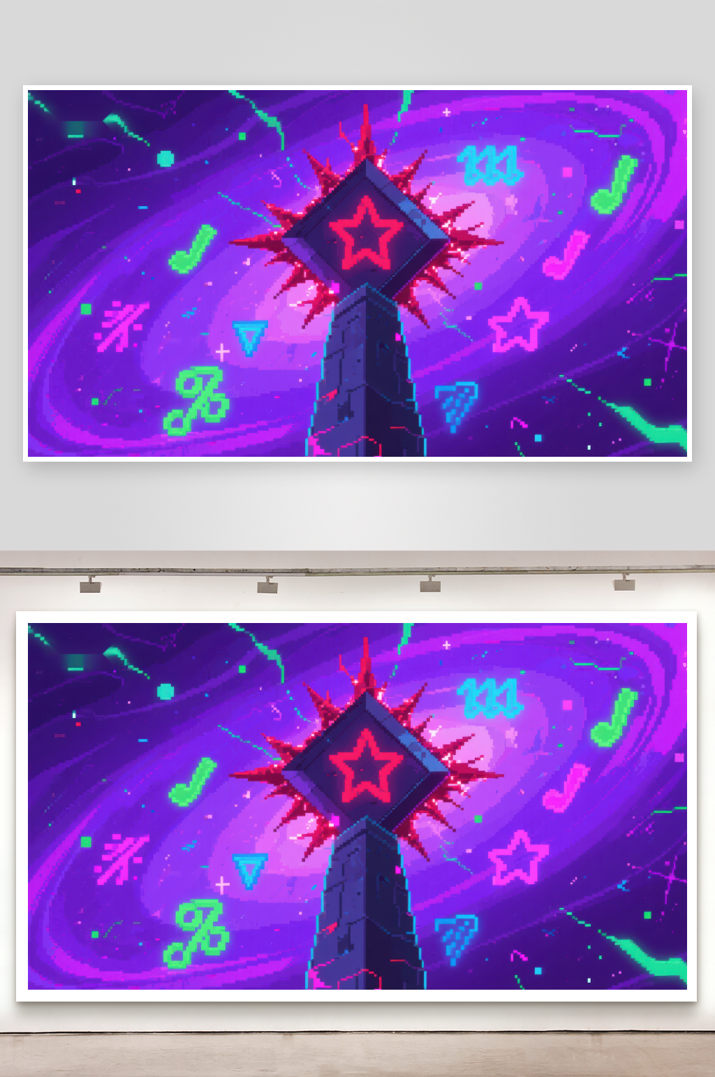 霓虹塔与音乐符号的奇幻场景素材