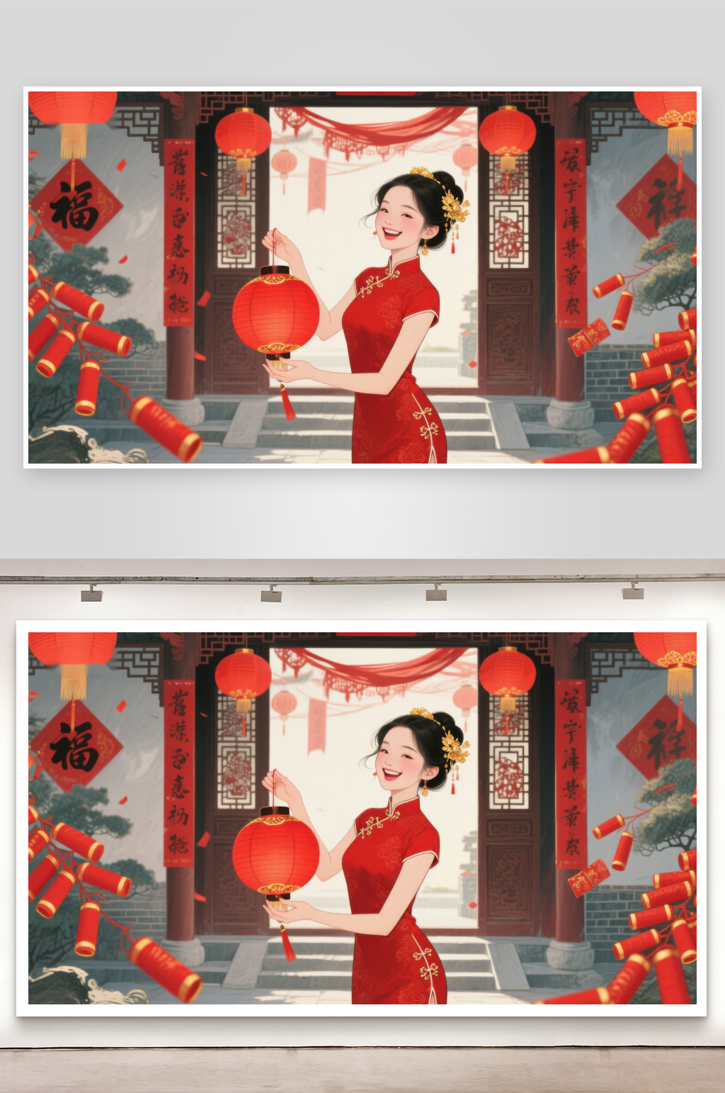 女子身着红裙手提灯笼庆祝节日素材
