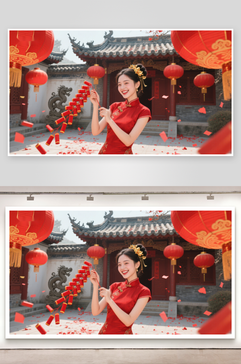 女子身着红色旗袍庆祝传统节日素材