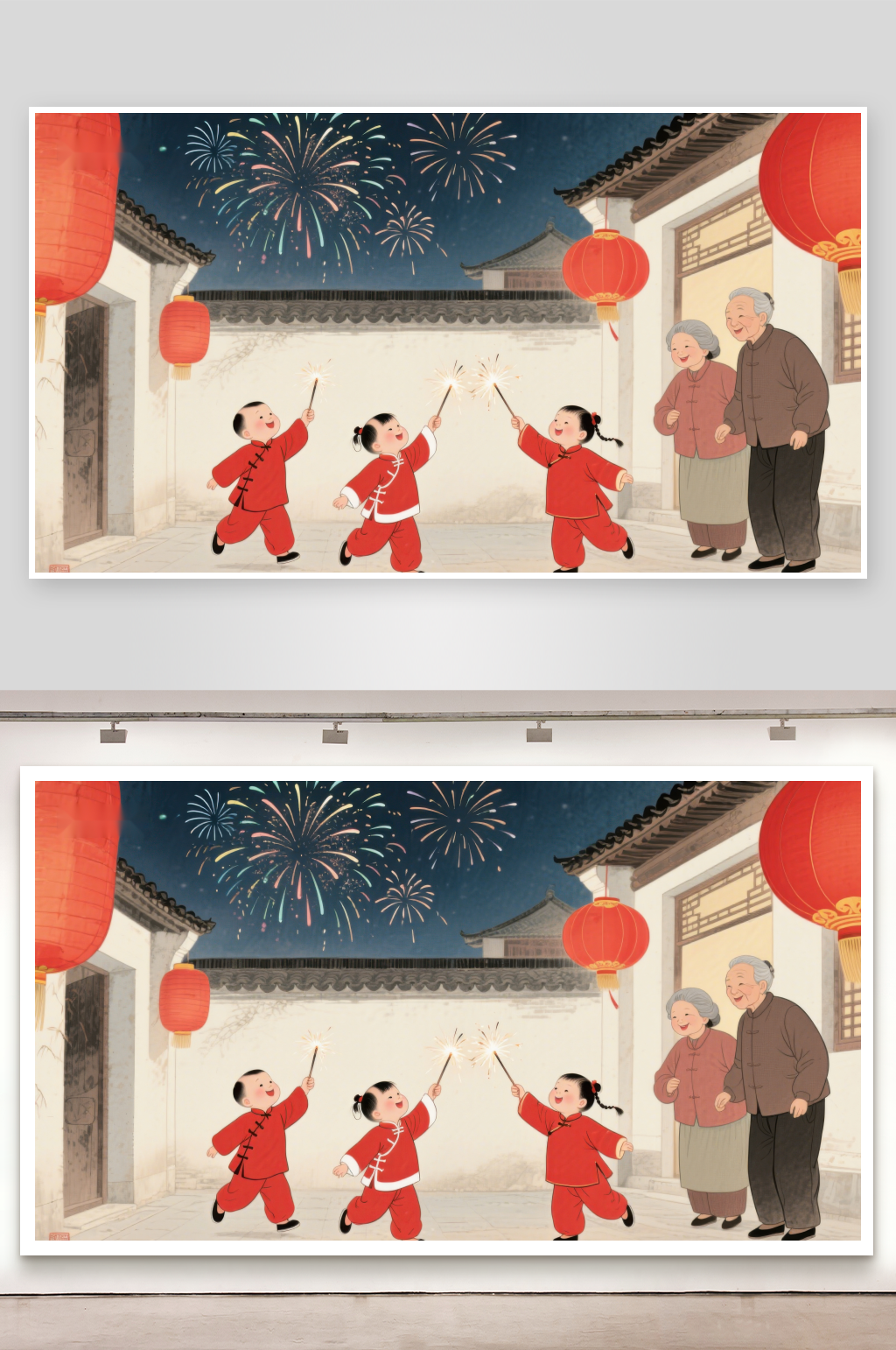 孩童欢庆春节烟花灯笼映夜空素材