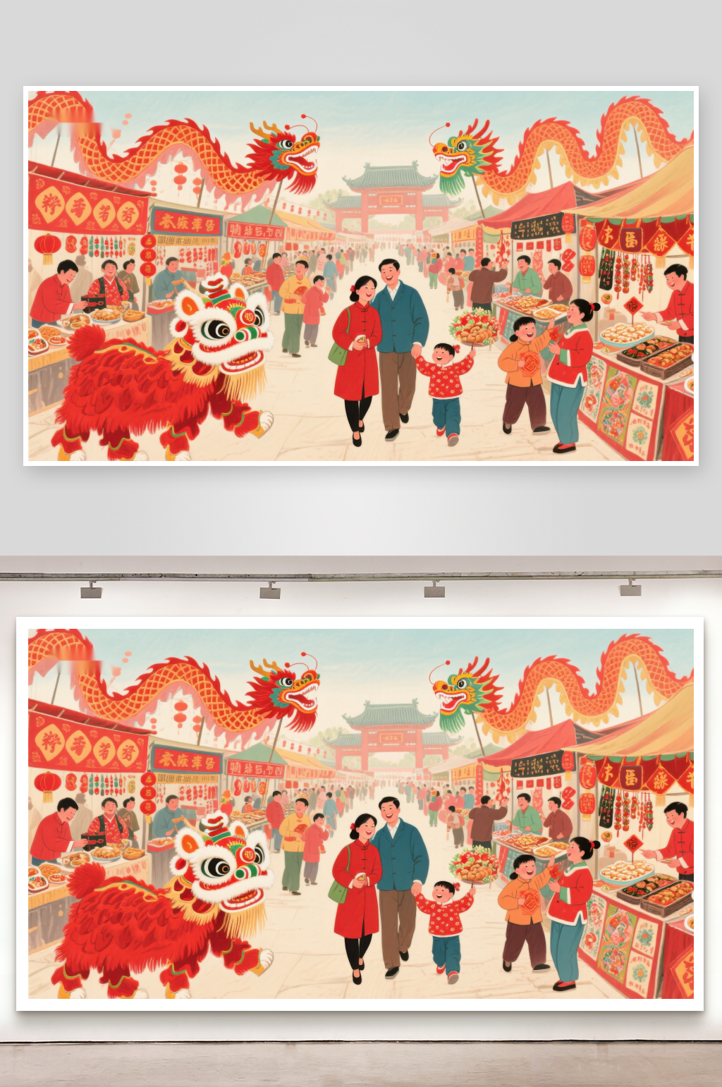 热闹春节集市舞龙舞狮庆佳节素材