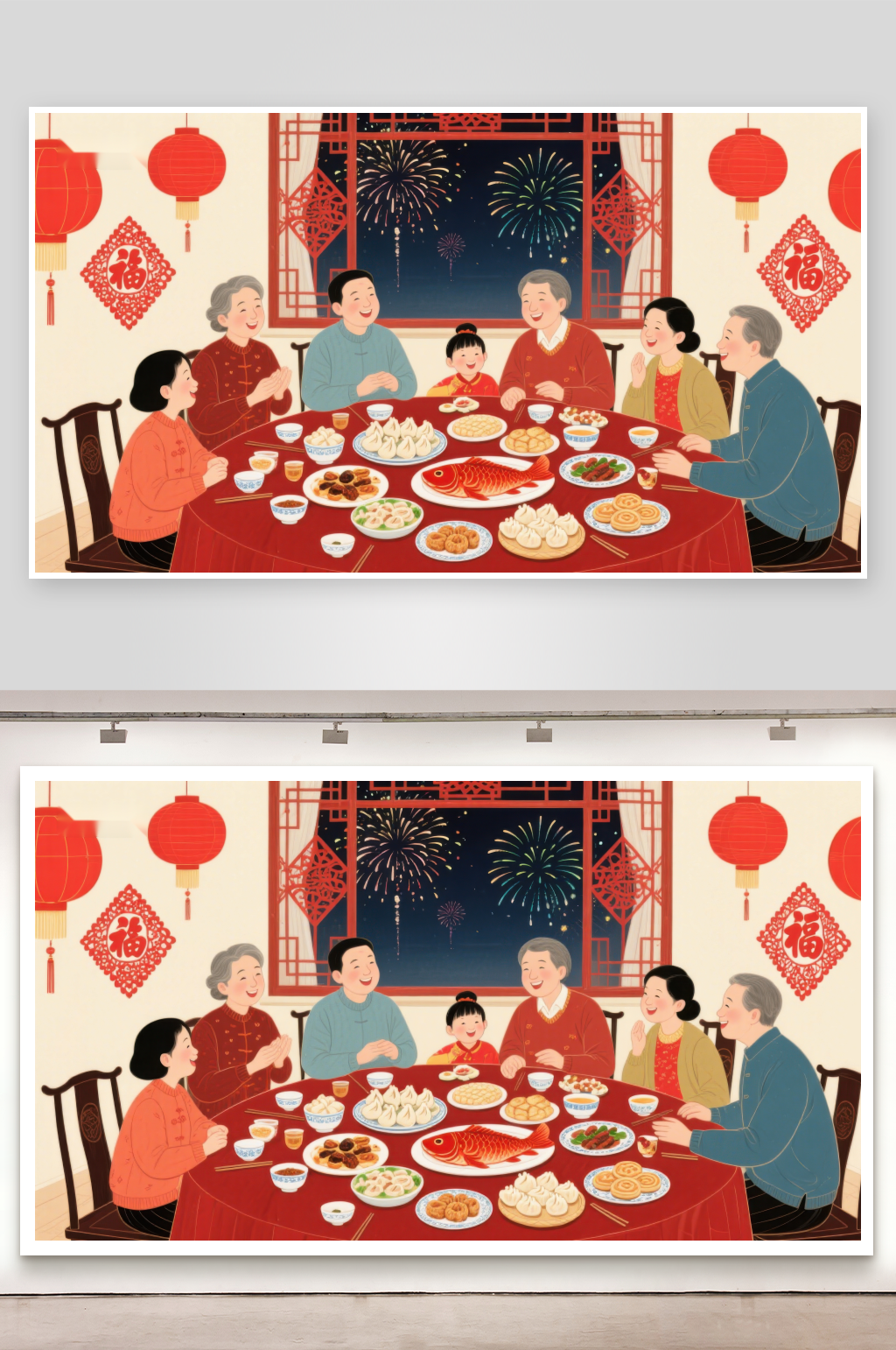团圆饭桌上欢庆春节素材