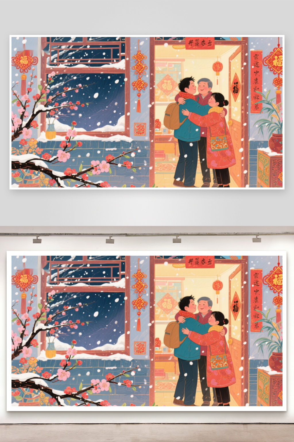 冬日雪夜家人温馨团聚素材