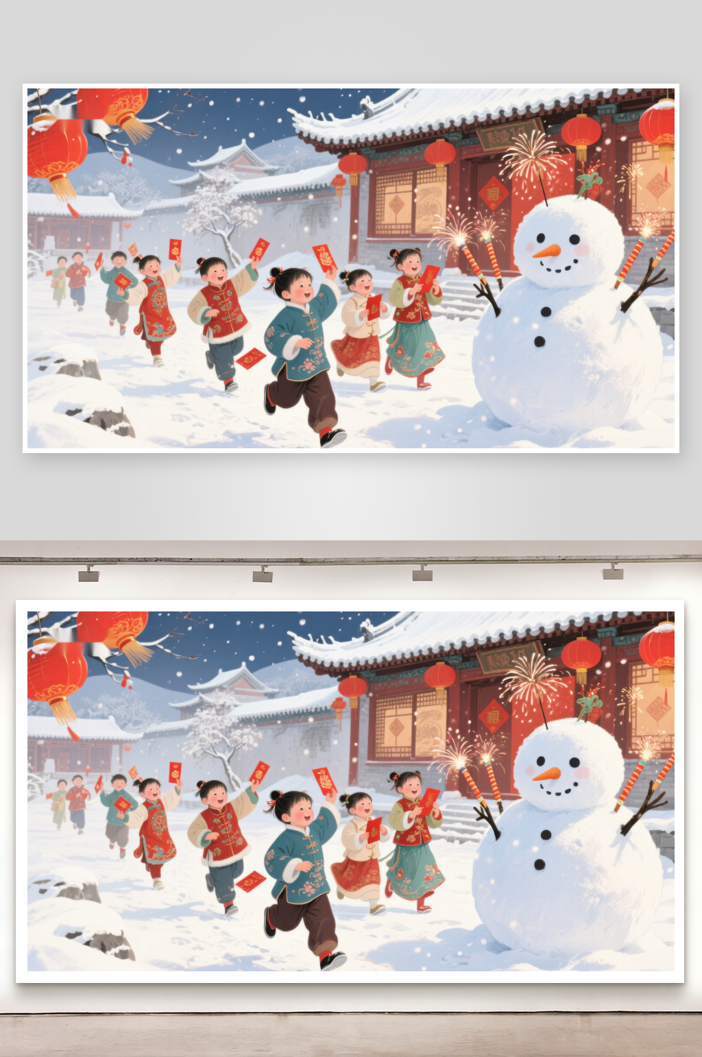 冬日雪景中的传统节日庆祝素材