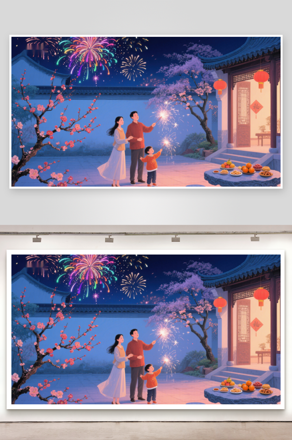 夜景烟花下家庭共度温馨时光素材