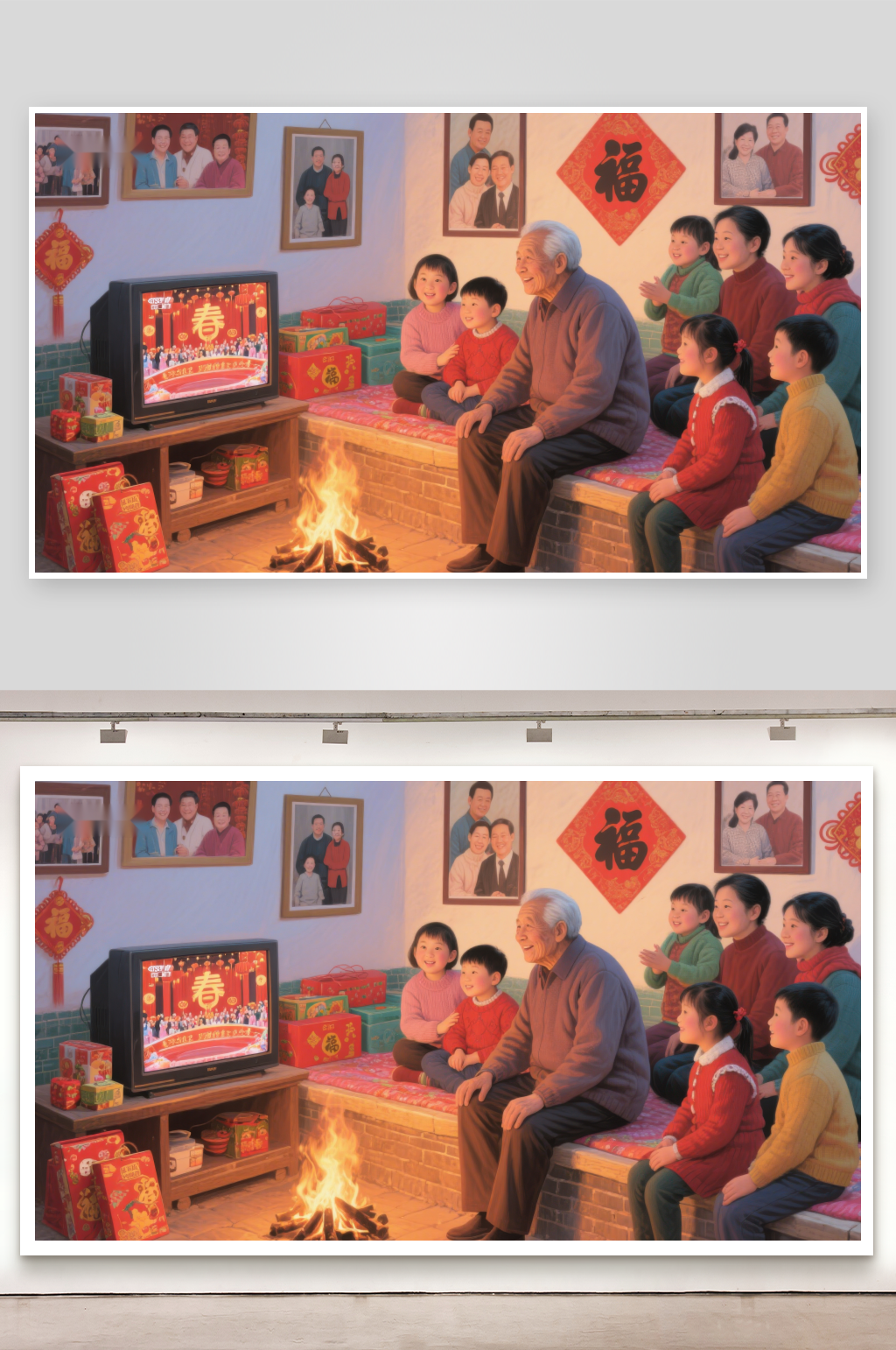 家庭围炉观看电视庆祝节日素材