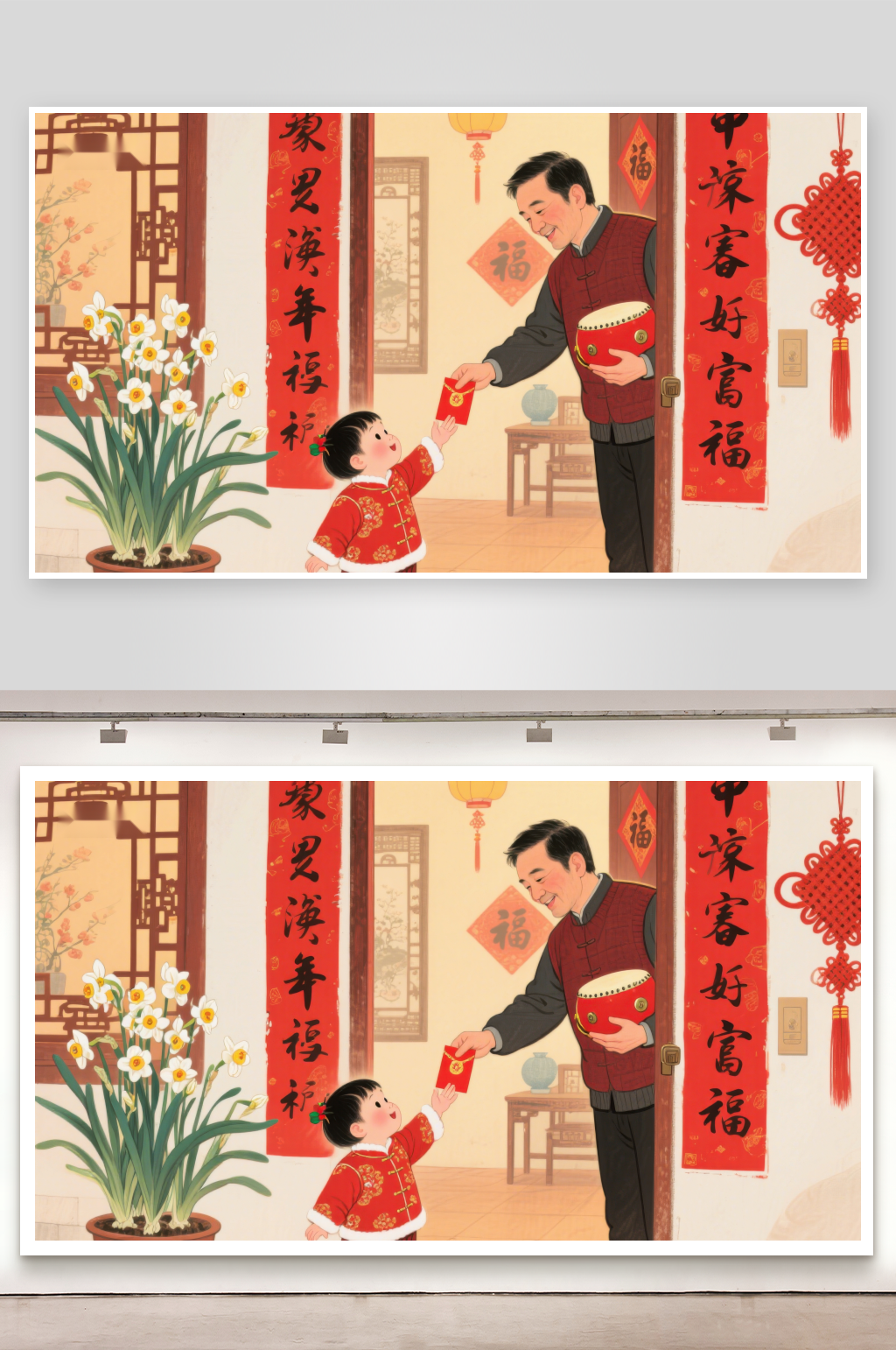 新年长辈赠红包孩童喜笑颜开素材