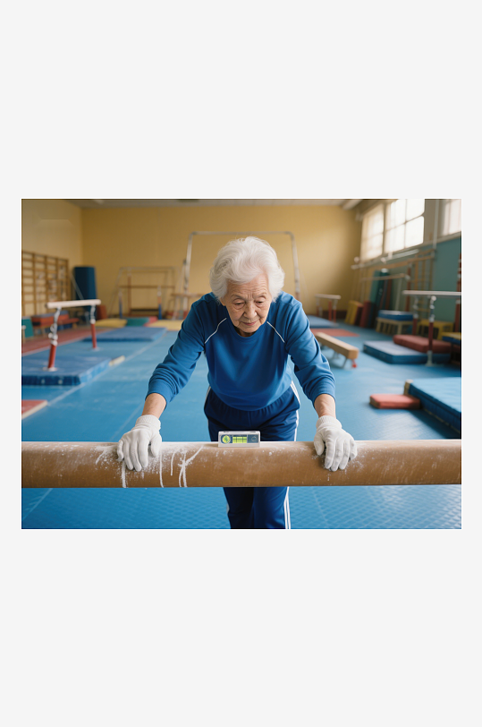 老年女性在体操房练习平衡木-众图网