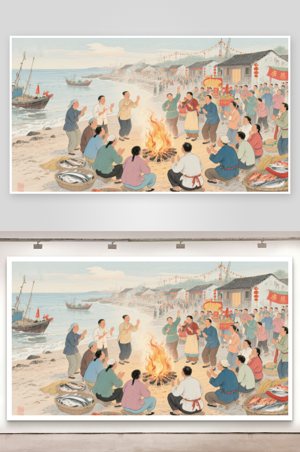 海边村落欢庆节日素材