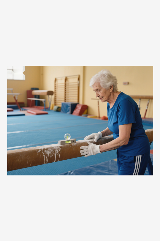 老年女性在体操房调整平衡木-众图网