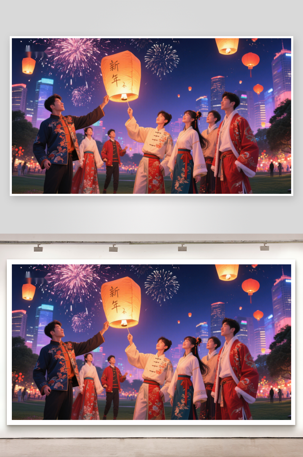 新年夜放灯笼共庆佳节素材