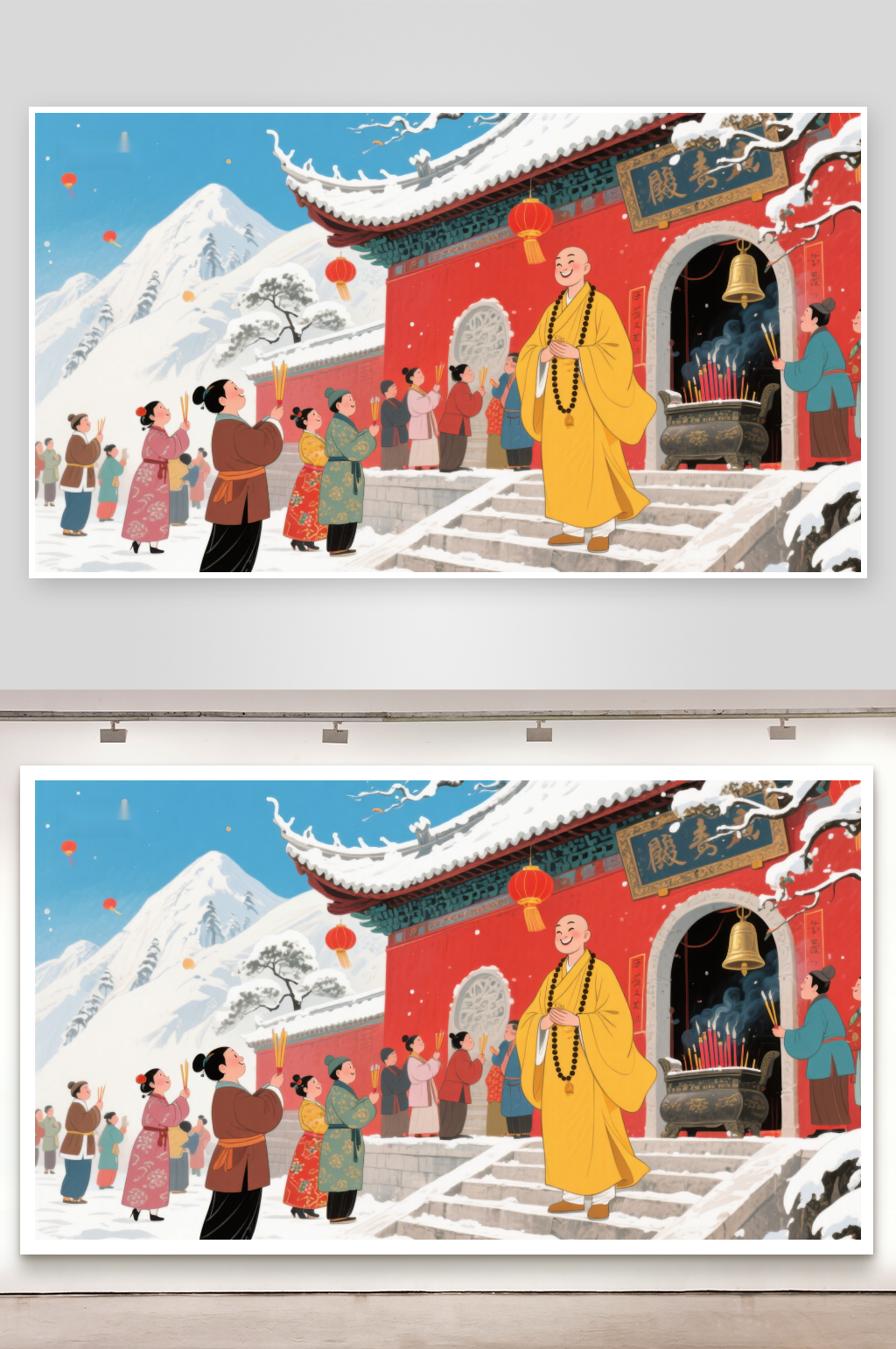 雪中寺庙前的祈福场景素材