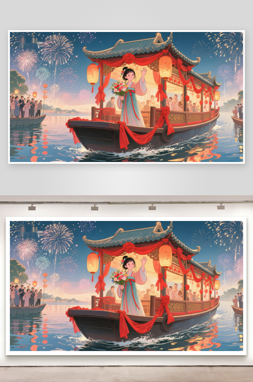 水上花灯游船烟花绽放夜景素材