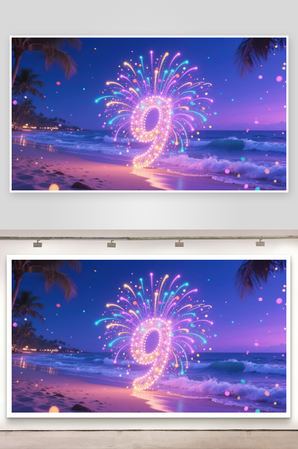 海滩夜景烟花数字9素材