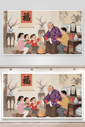 老人分发红包孩童欢笑迎新年素材下载-众图网