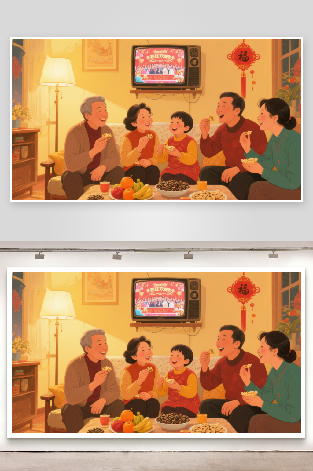 家庭欢聚观看电视共享美食素材