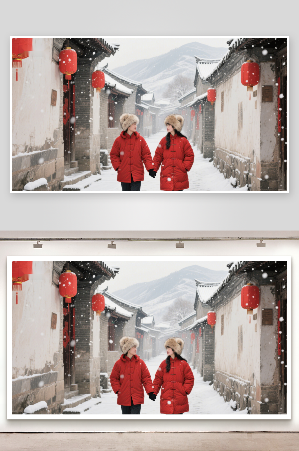 雪中古巷红衣女子闲聊素材