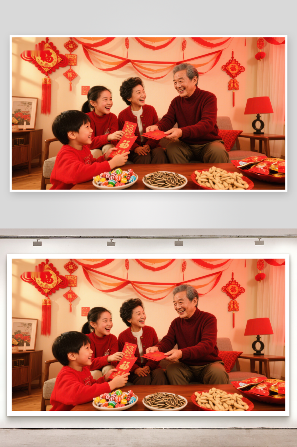 家庭欢聚迎新春长辈赠红包素材