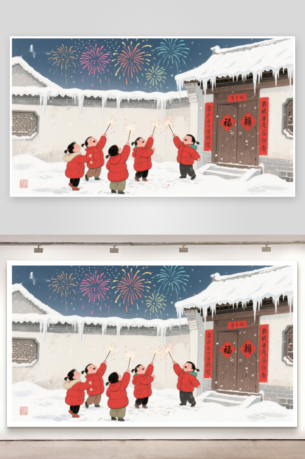 雪中孩童放烟花迎新年素材