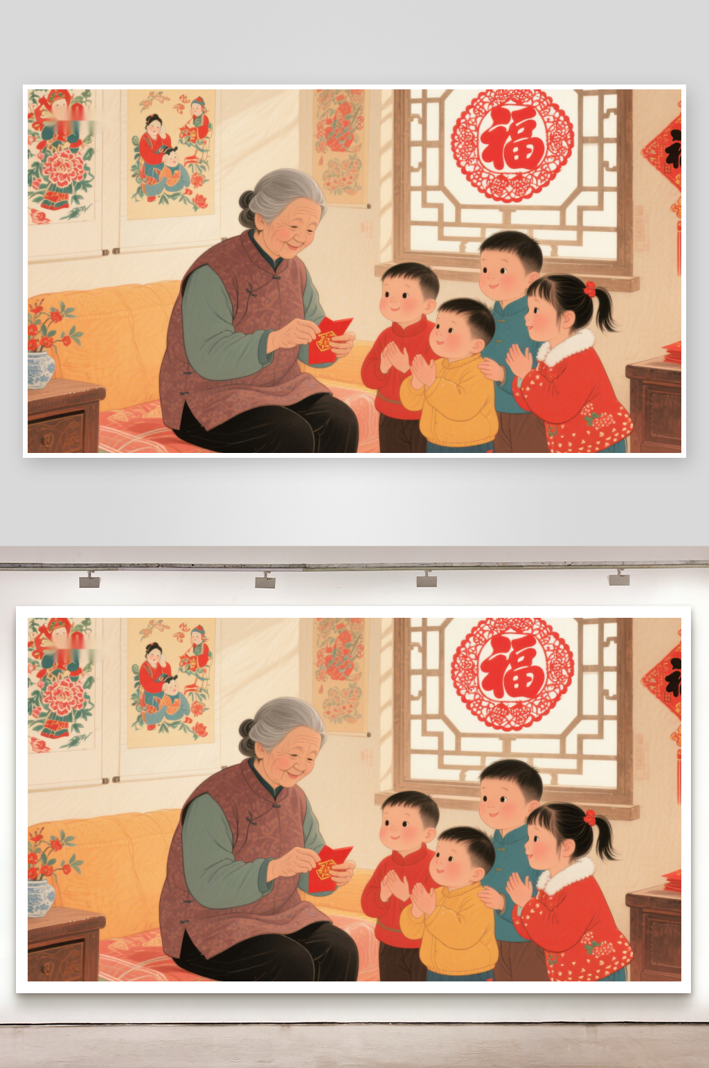 祖母给孩子们分发红包素材
