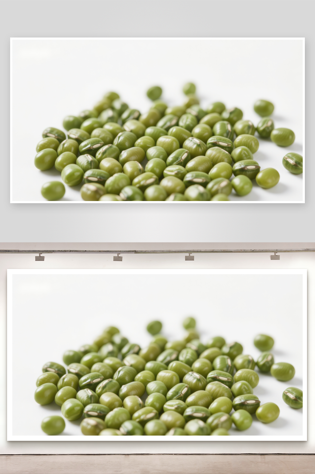 新鲜绿色豆子散落白底素材