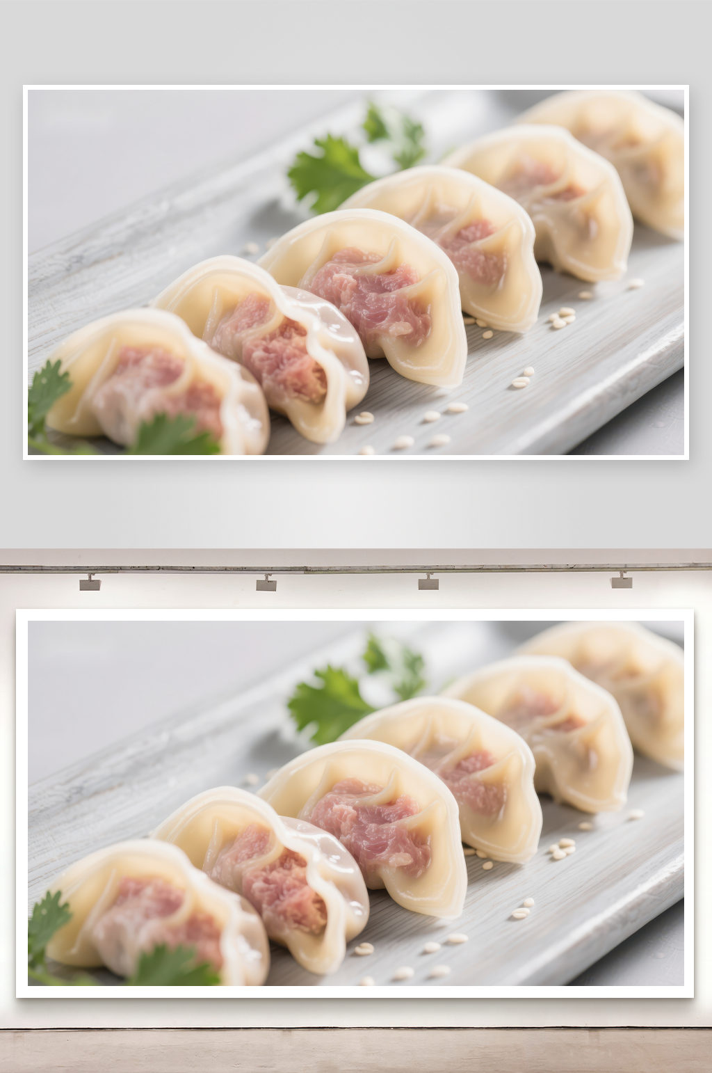 精致饺子排列在木质托盘上素材