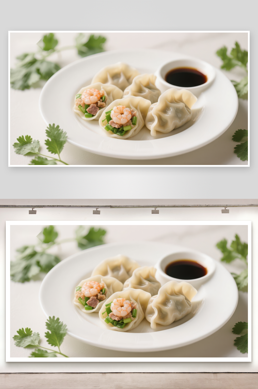 鲜虾饺子配酱油碟素材