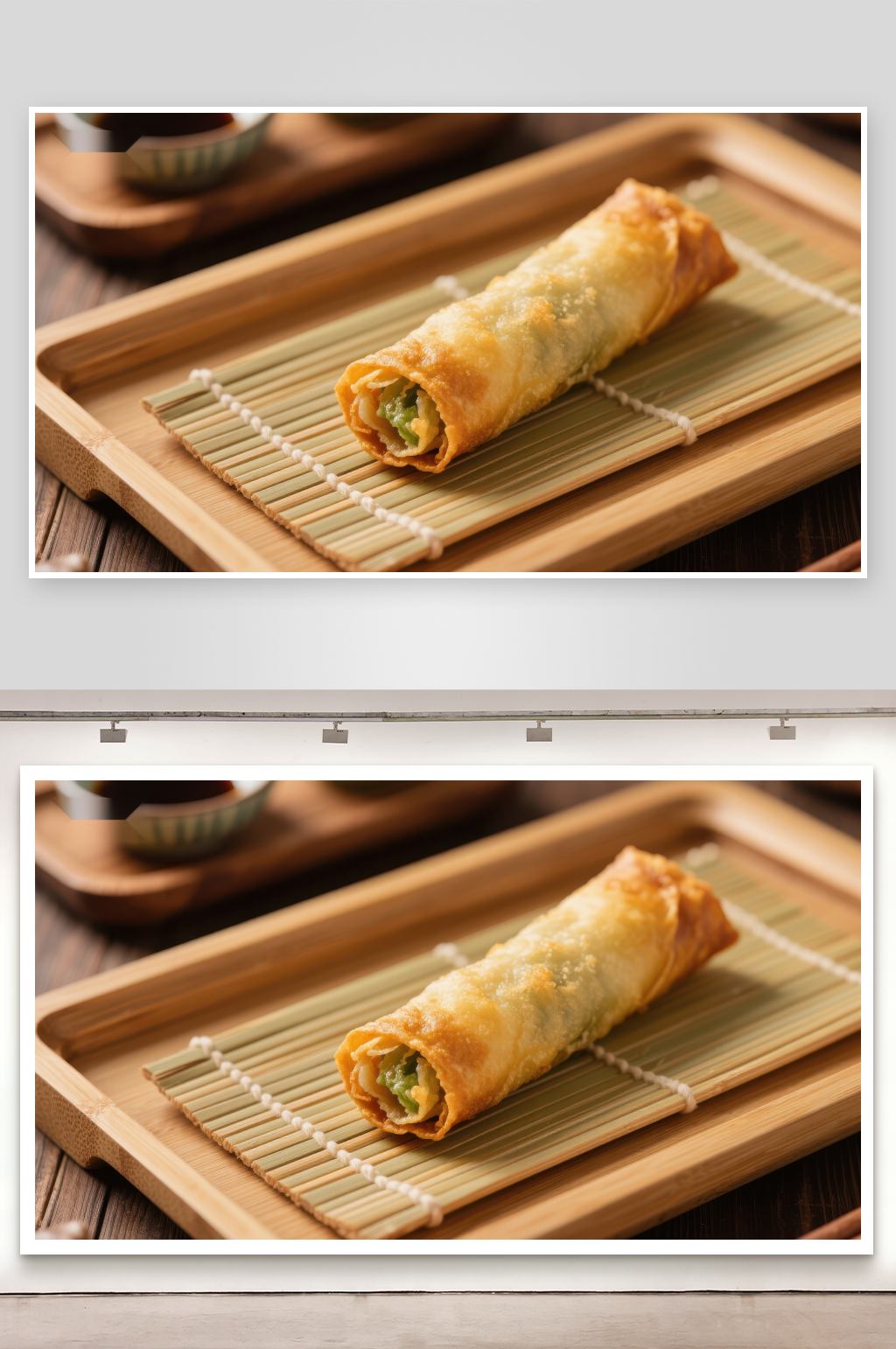 金黄酥脆的春卷置于竹席之上素材