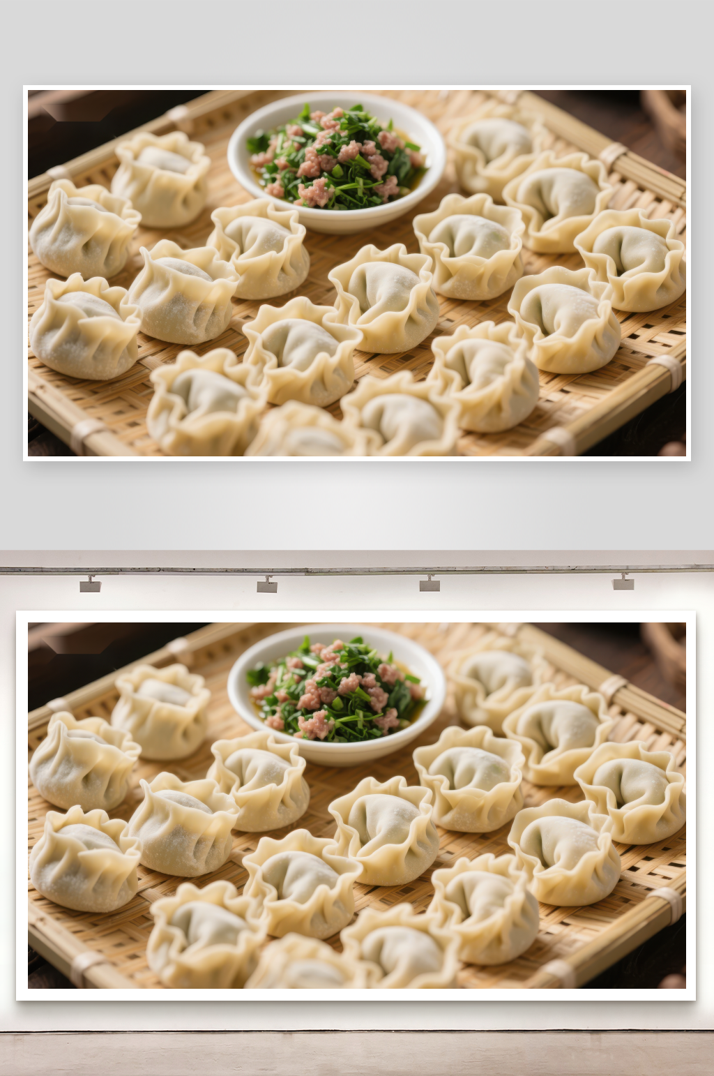 新鲜饺子与馅料竹篮摆放素材