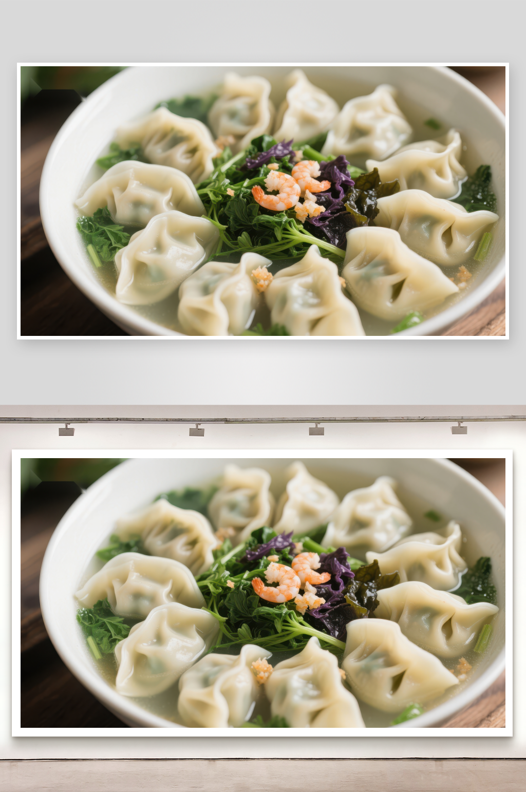 鲜美馄饨汤配虾仁与绿叶蔬菜素材