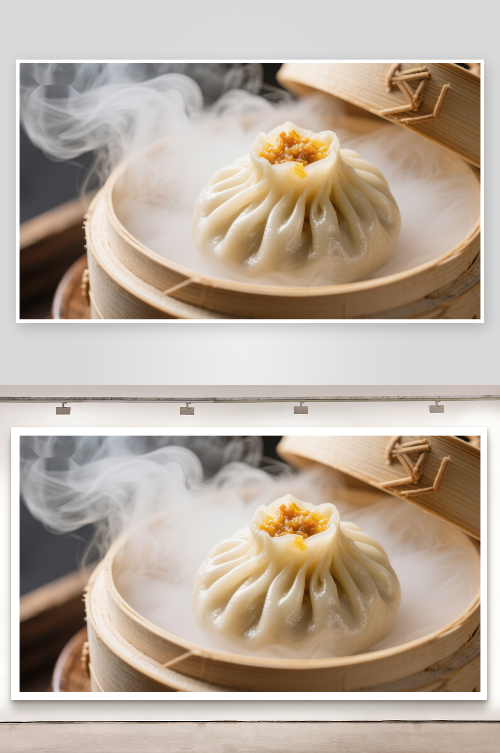 热气腾腾的包子在竹蒸笼中素材