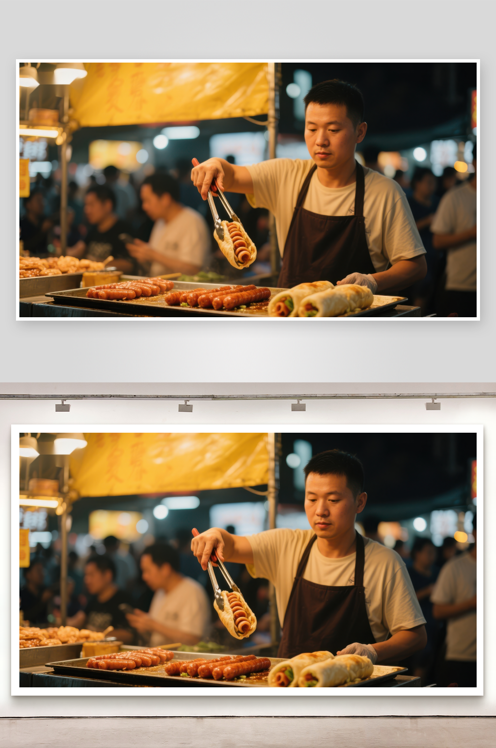 夜市摊主正在制作美味香肠素材