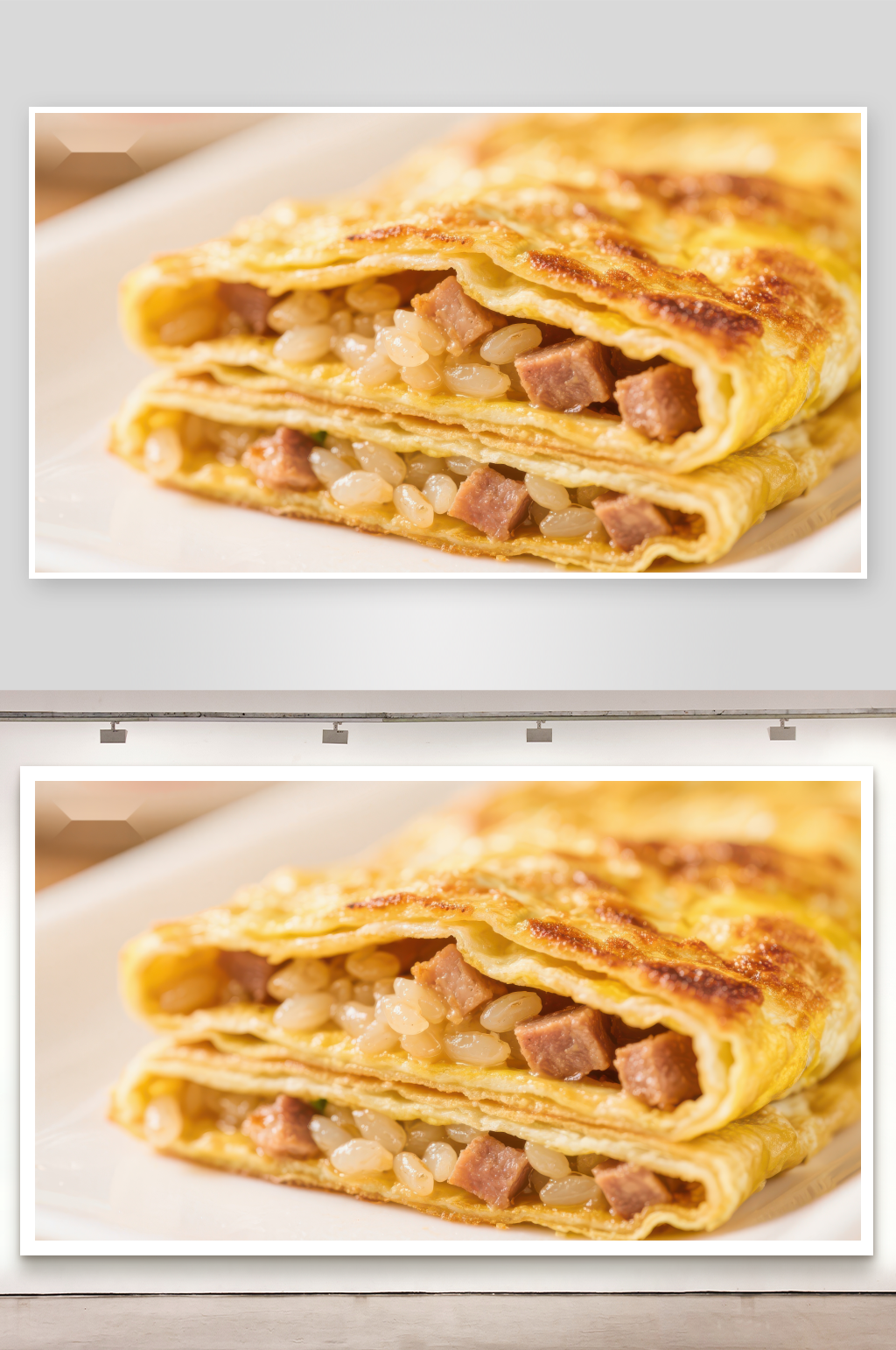 金黄煎饼卷米饭与肉块素材