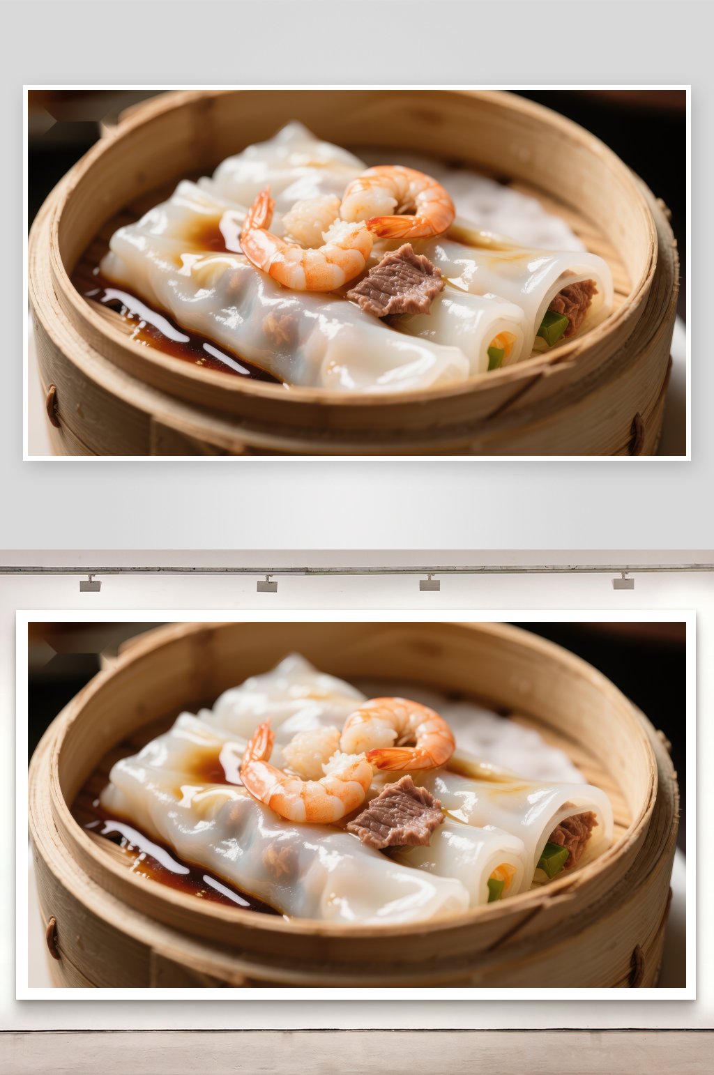 蒸笼中的鲜虾牛肉肠粉素材