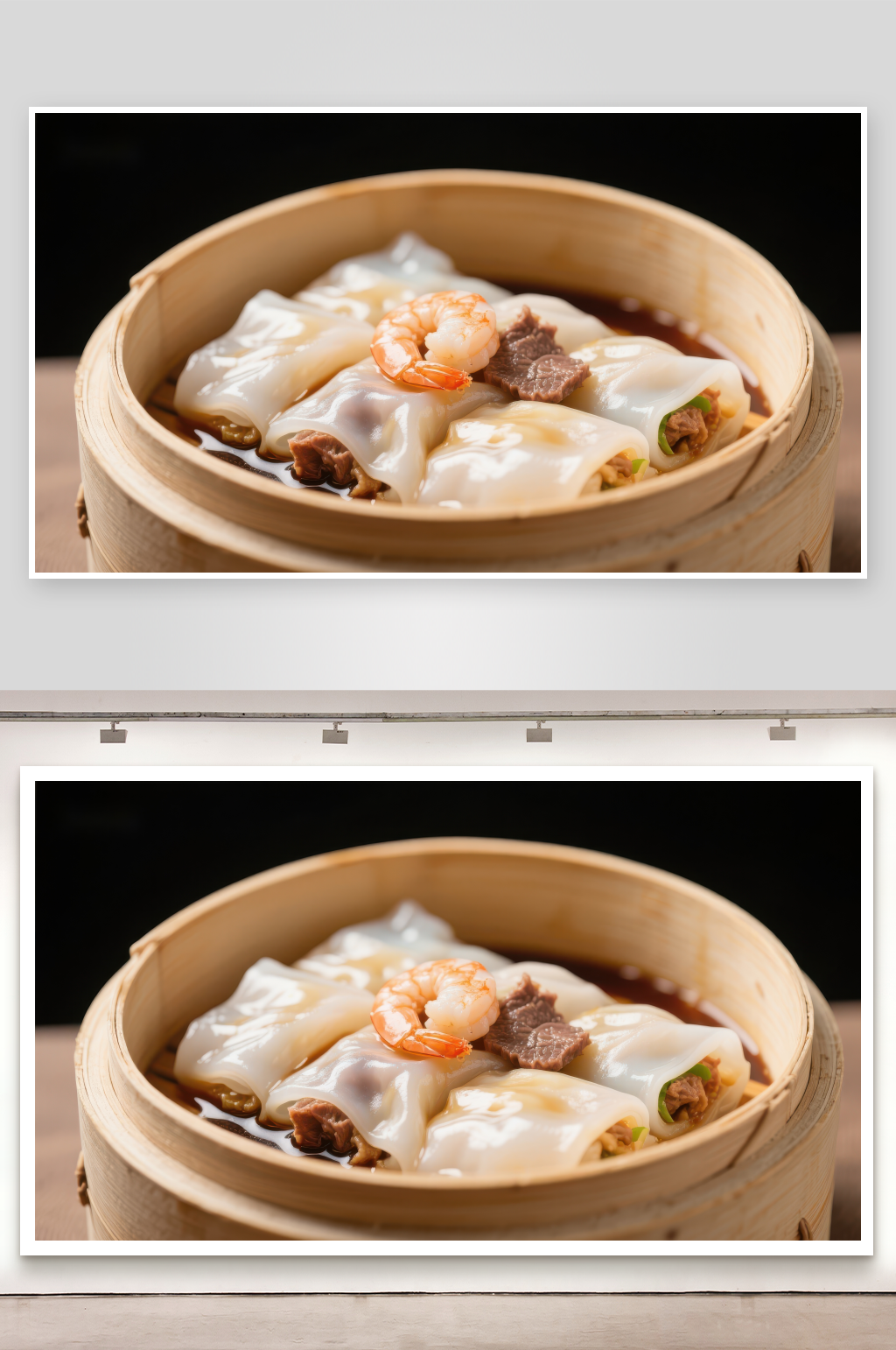 蒸笼中的鲜美虾仁肠粉素材
