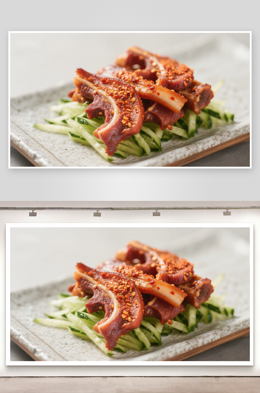 辣味腌制肉片配黄瓜丝素材
