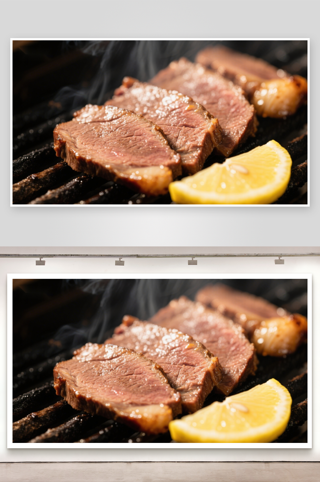 烤牛肉片与柠檬在烧烤架上素材