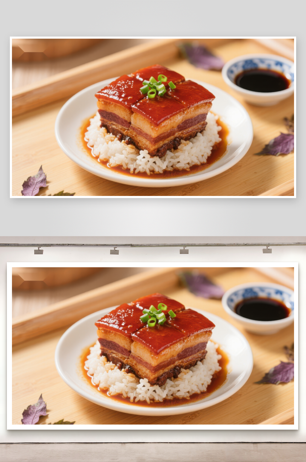 红烧肉盖饭配以酱油小碟素材