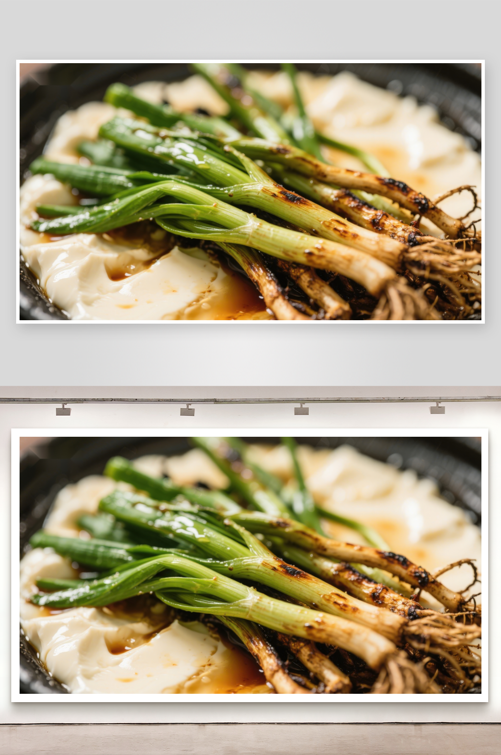 烤葱配豆腐的美味特写素材