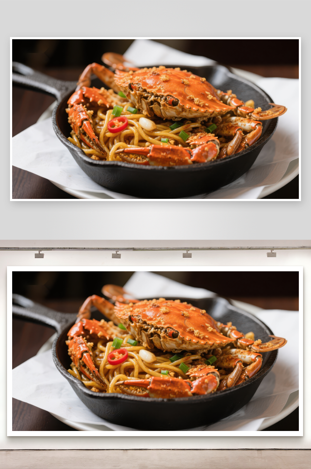 蟹肉炒面铁锅盛装素材