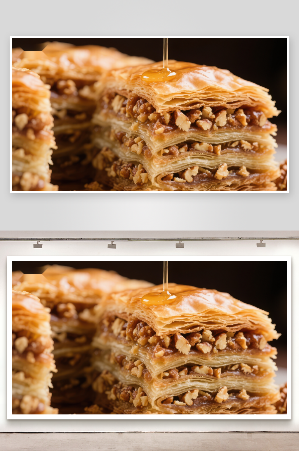 蜂蜜淋洒在酥脆Baklava上素材