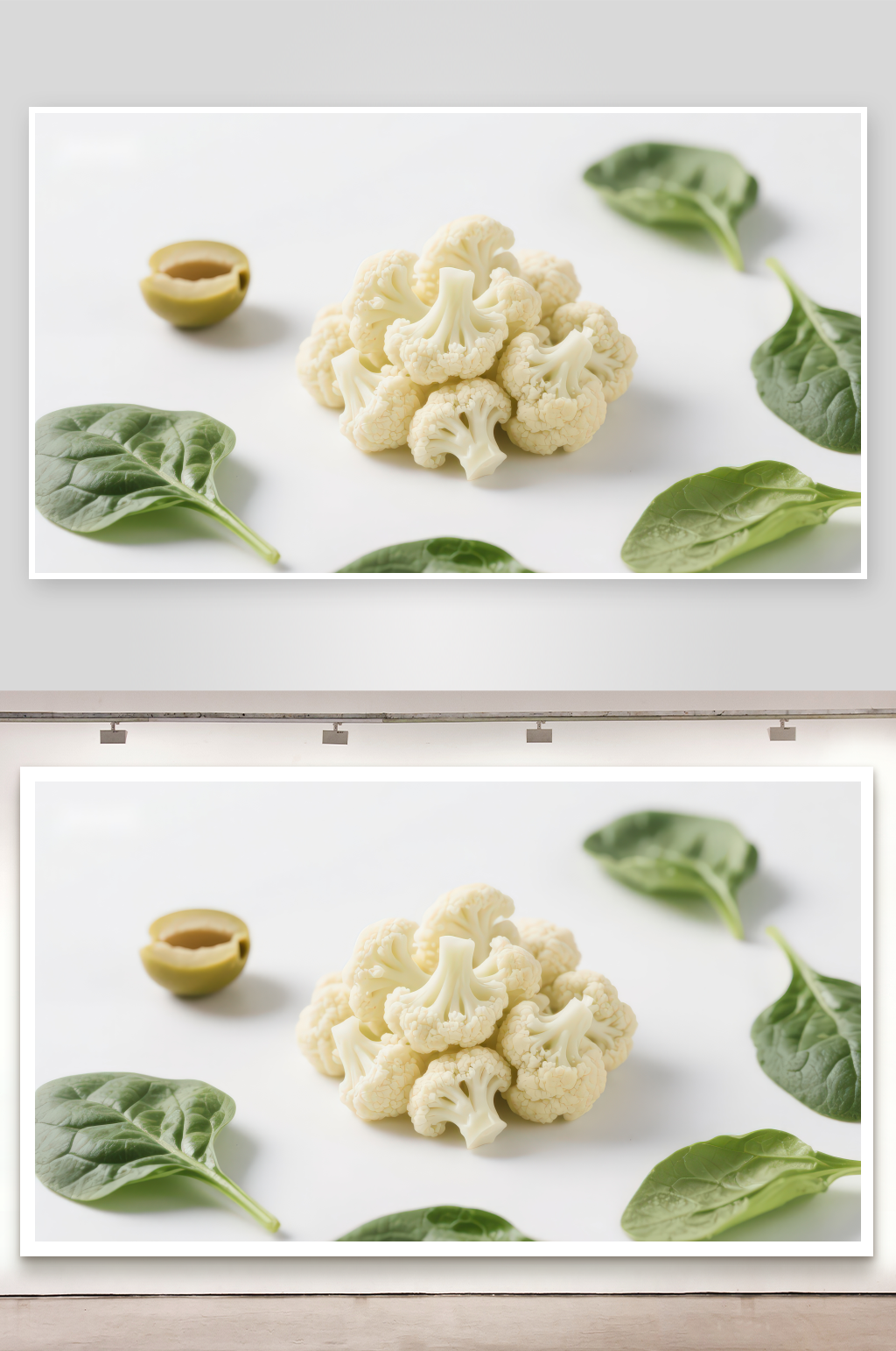 花椰菜与菠菜叶静物摆拍素材
