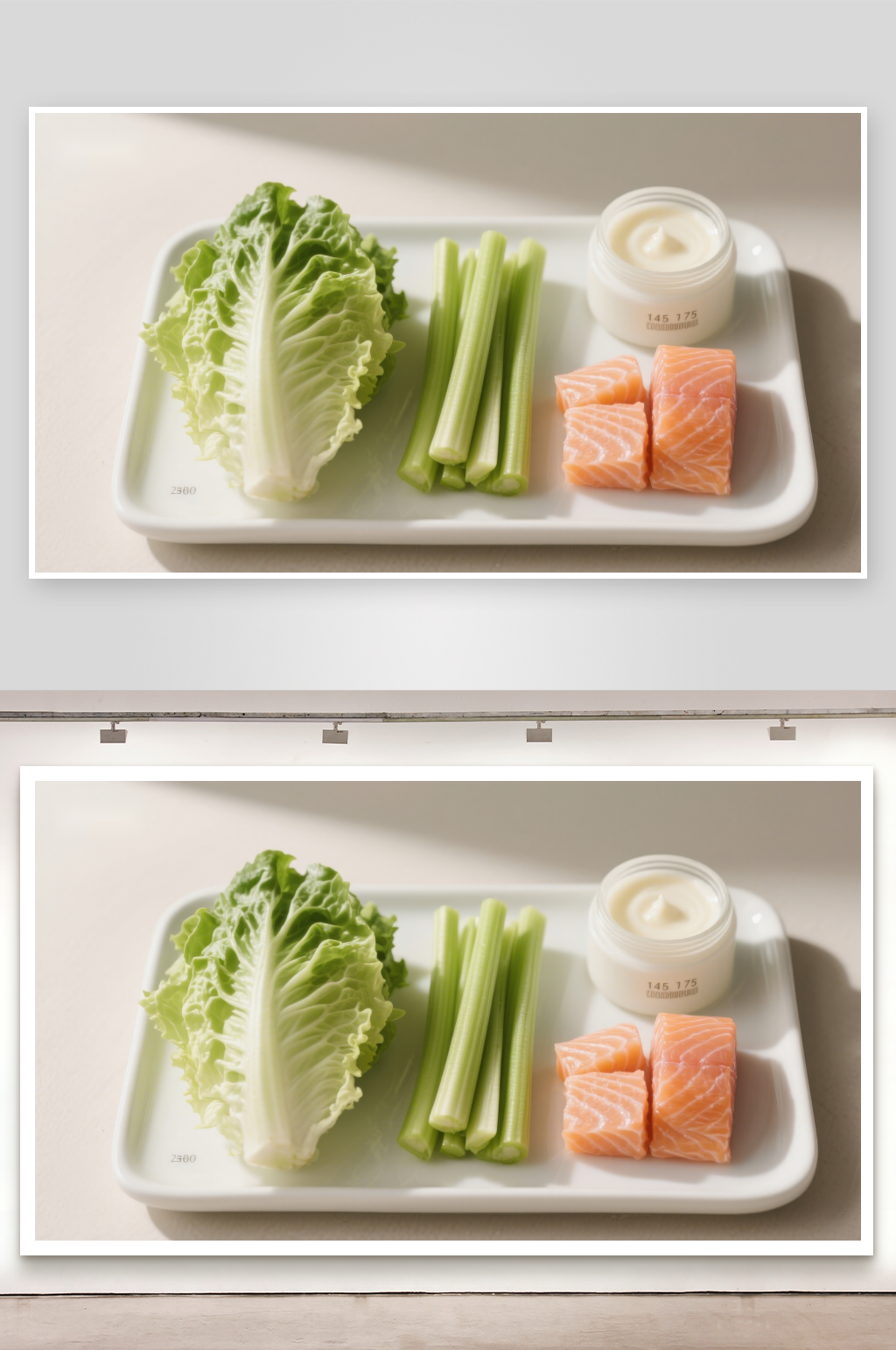 盘中生菜芹菜三文鱼与酱料素材