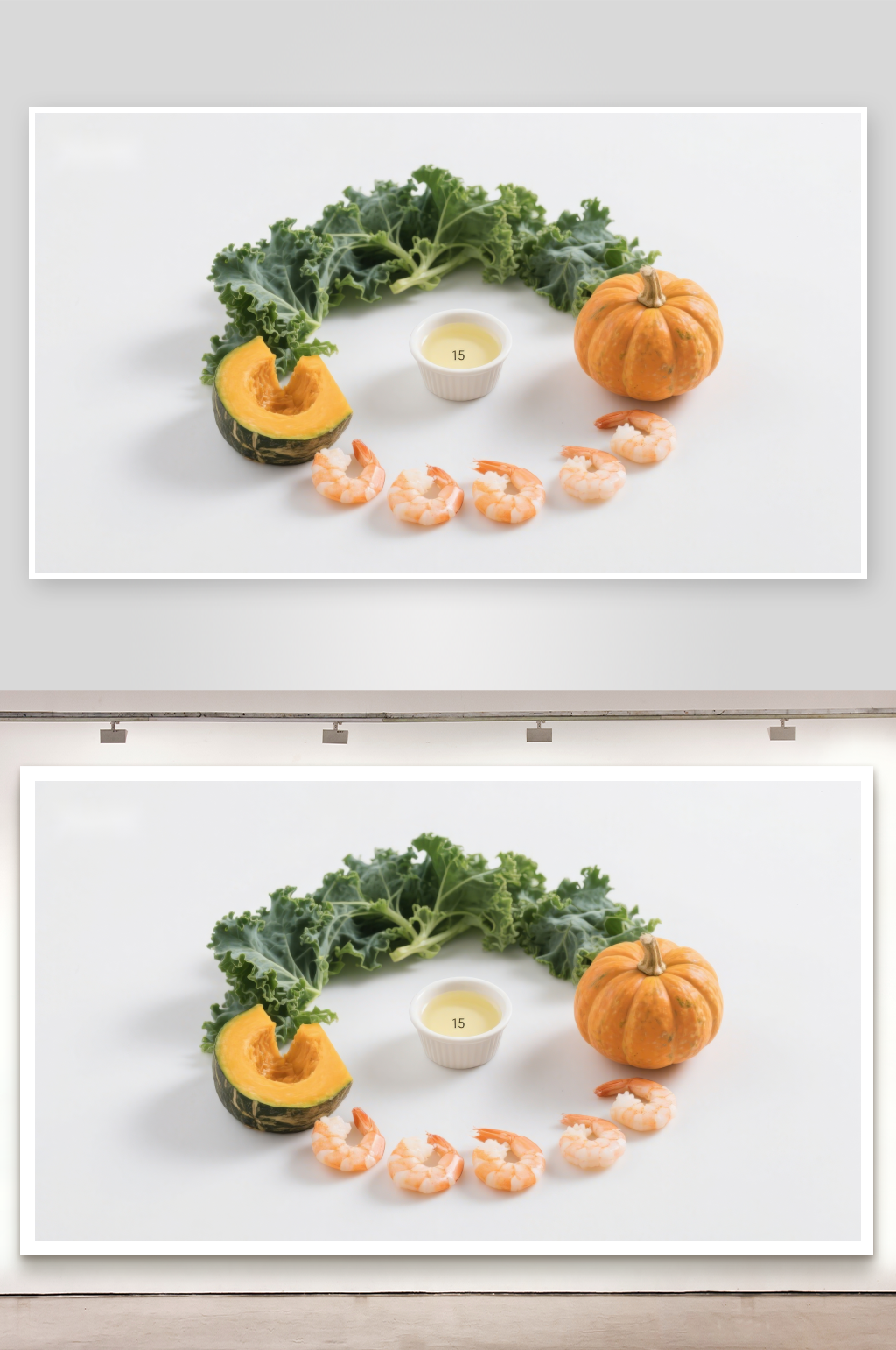 南瓜虾仁与羽衣甘蓝食材摆拍素材