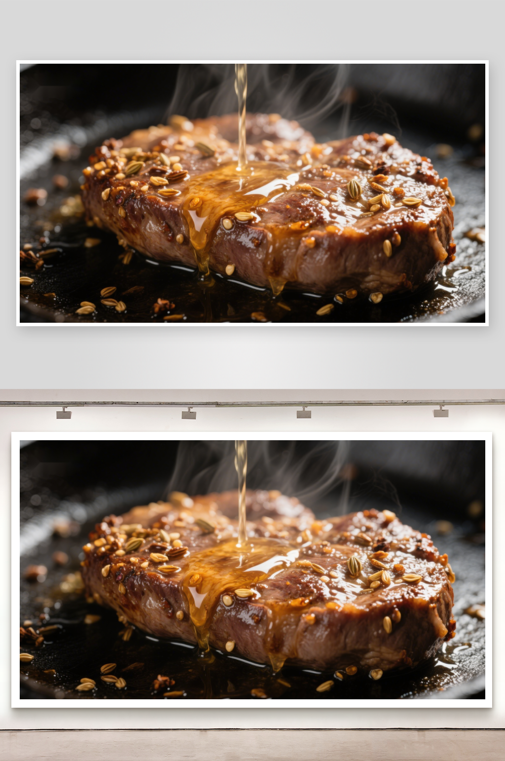 煎锅中的美味牛排素材