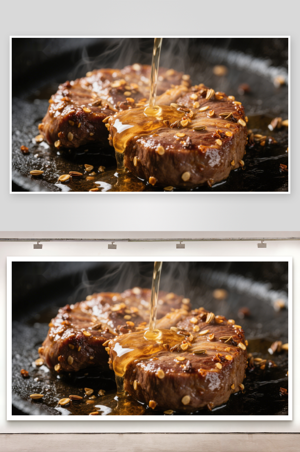 煎锅中的牛肉浇上热油素材